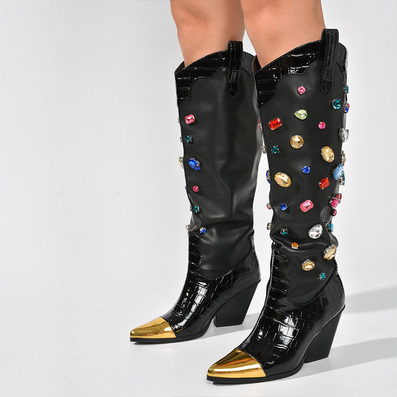 Black Pointed Toe Chunky Heel Knee High Boots with Multicolor Crystal