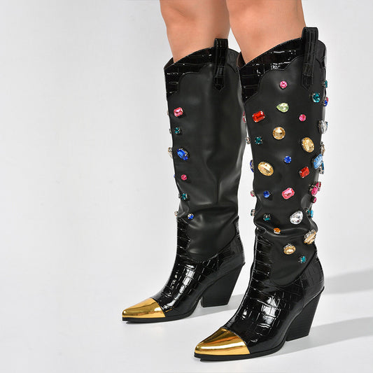 Black Pointed Toe Chunky Heel Knee High Boots with Multicolor Crystal