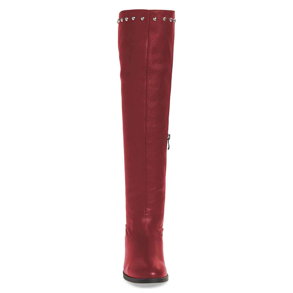 Maroon Round Toe Flat Knee High Boots with Studs