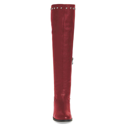 Maroon Round Toe Flat Knee High Boots with Studs