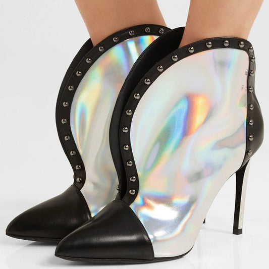 Black and Silver Hologram Stiletto Booties Studded Ankle Boots