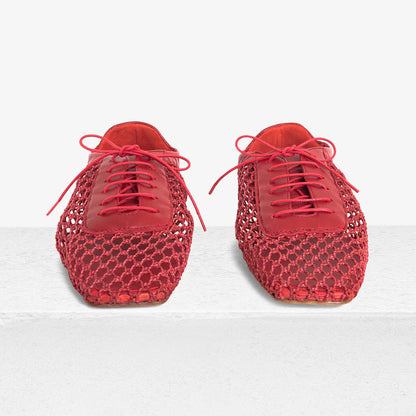 Red Mesh Sophisticated Square Toe Flats Woven Lace-Up Shoes