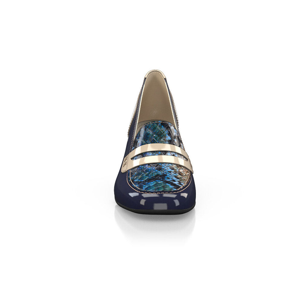 Navy & Beige Patent Leather Snakeskin Print Block Heeled Loafers