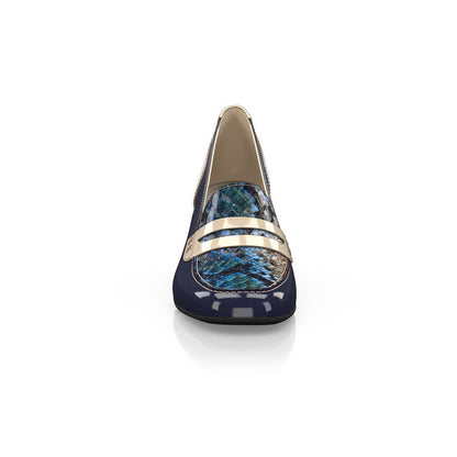 Navy & Beige Patent Leather Snakeskin Print Block Heeled Loafers