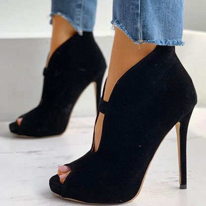 Black Peep Toe Booties Vegan Suede Hollow-Out Heeled Ankle Boots
