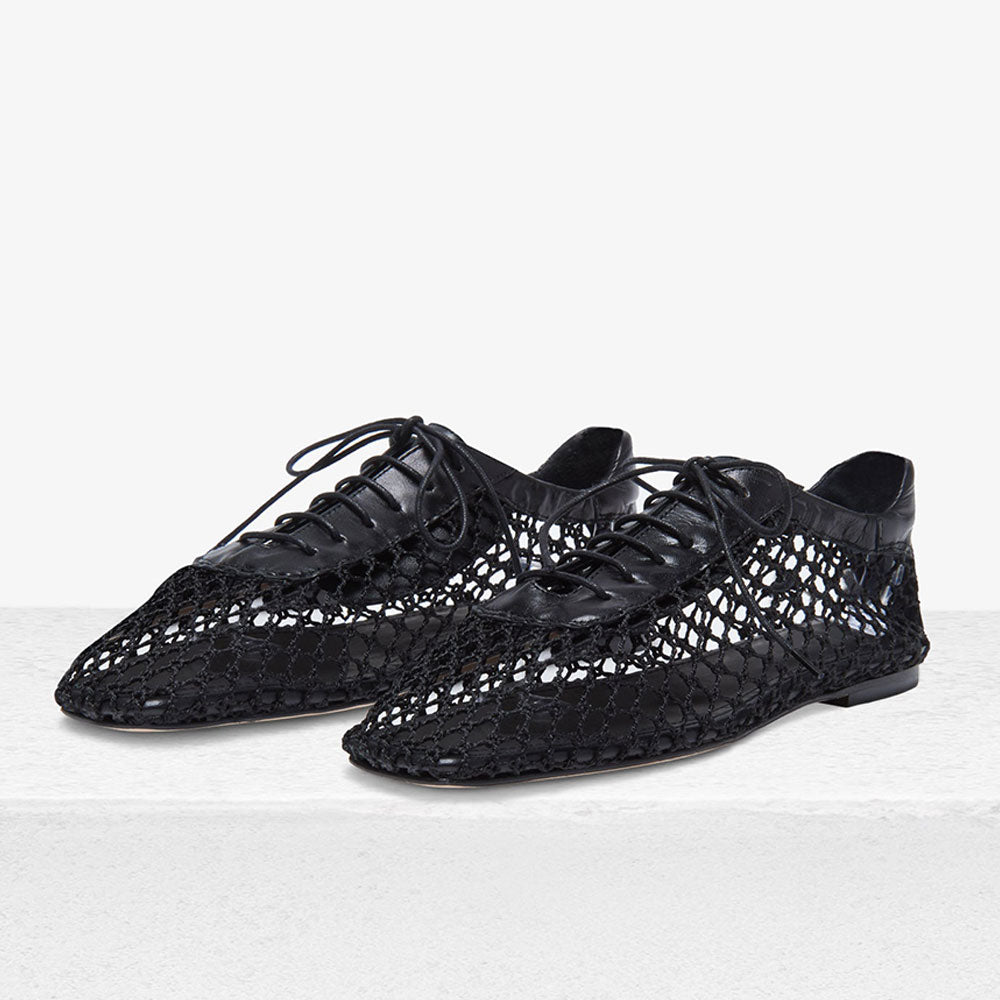 Black Mesh Square Toe Lace-Up Shoes Casual Flats for Women