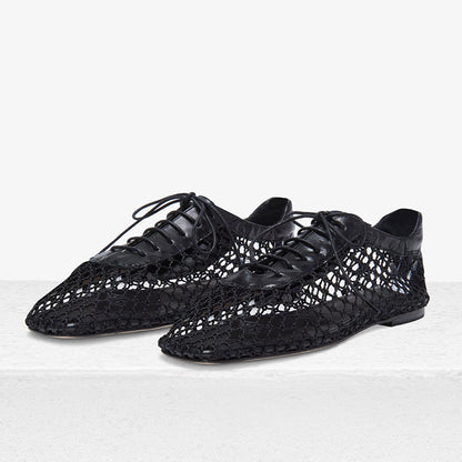 Black Mesh Square Toe Lace-Up Shoes Casual Flats for Women