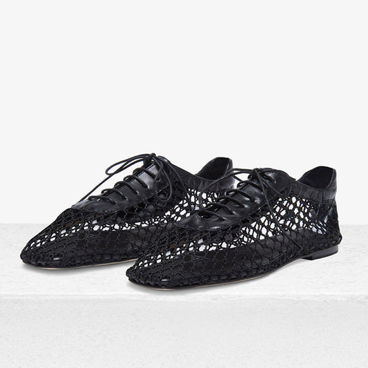 Black Mesh Square Toe Lace-Up Shoes Casual Flats for Women