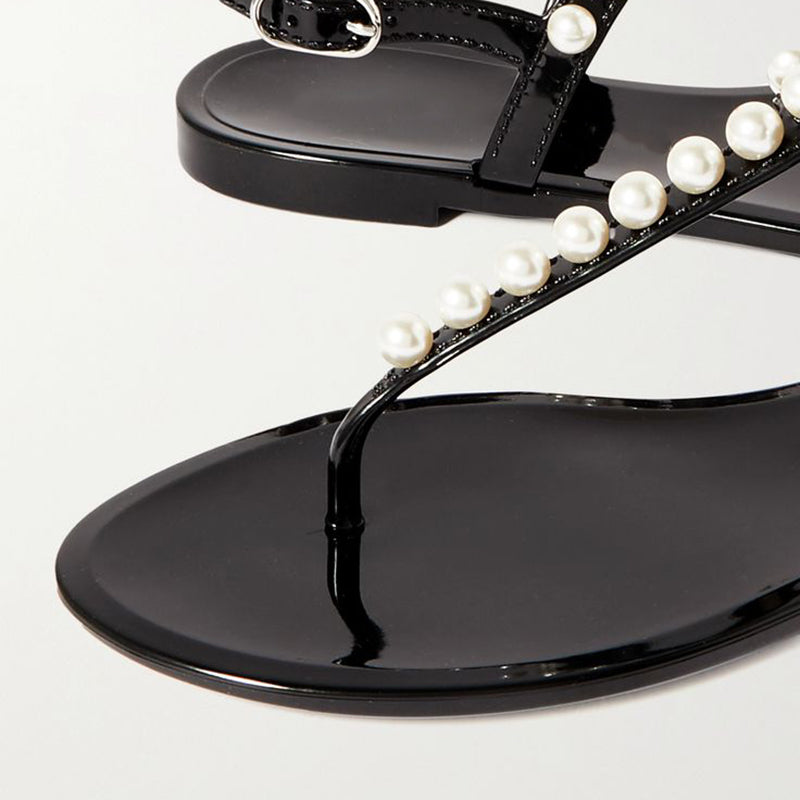 Black Summer Sandals Open Toe Pearl Ankle Strap Casual Flats