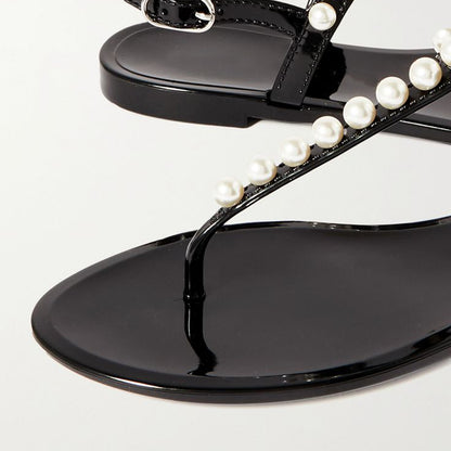 Black Summer Sandals Open Toe Pearl Ankle Strap Casual Flats