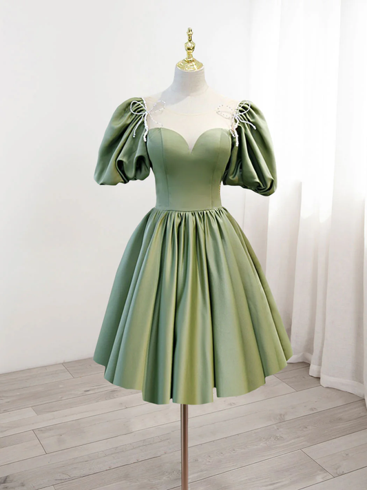 Retro Green Sweetheart Short-sleeved Lace-up Design A-line Satin Party Dress Homecoming Dress TP4075