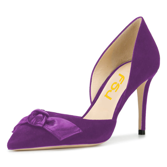 Women's Purple Pointed Toe Stiletto Heels D'Orsay Pumps with Bow