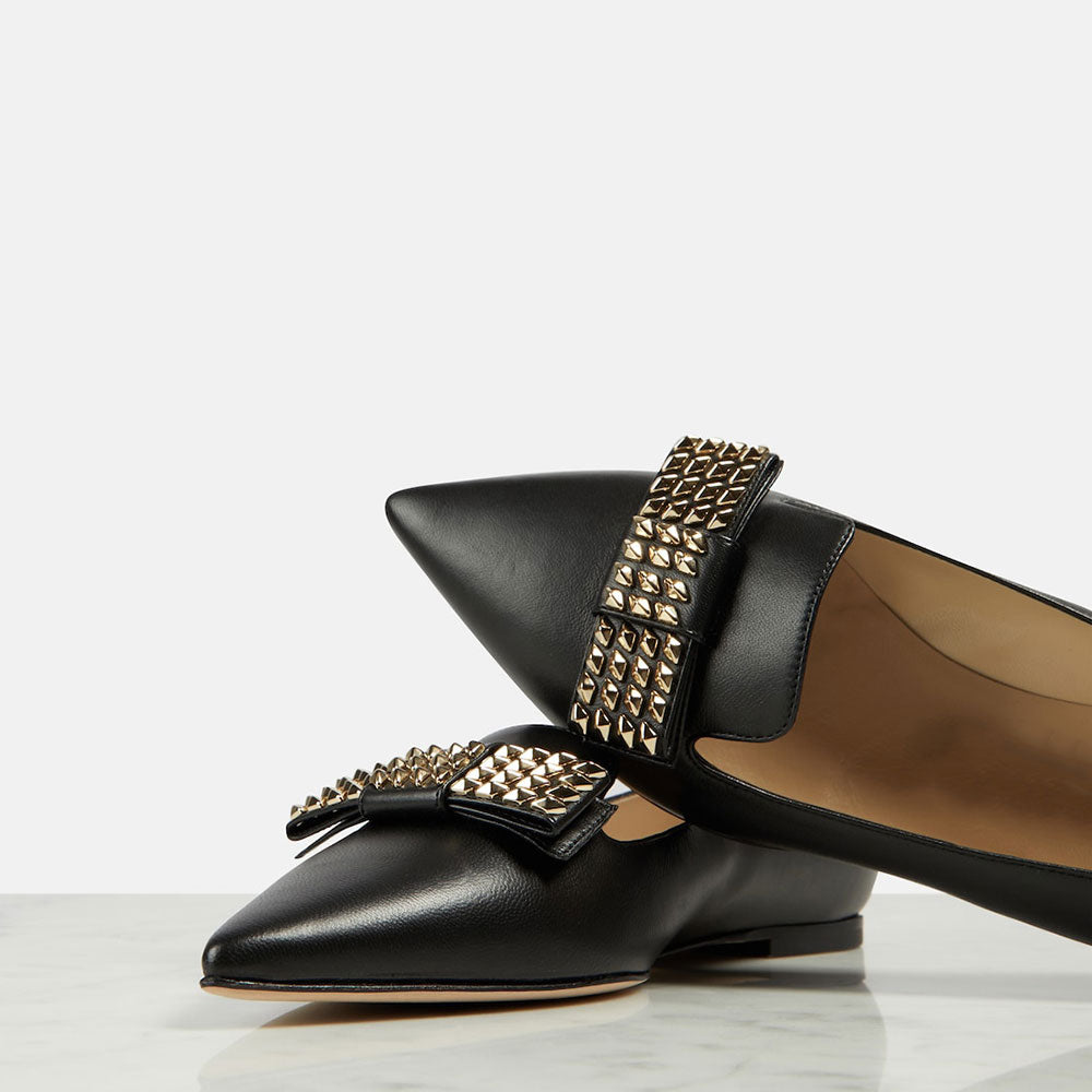 Black Slip-on Women's Shoes Pointed Toe Flats with Studded Bow