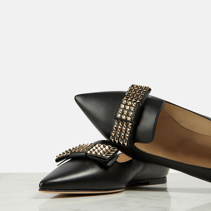 Black Slip-on Women's Shoes Pointed Toe Flats with Studded Bow