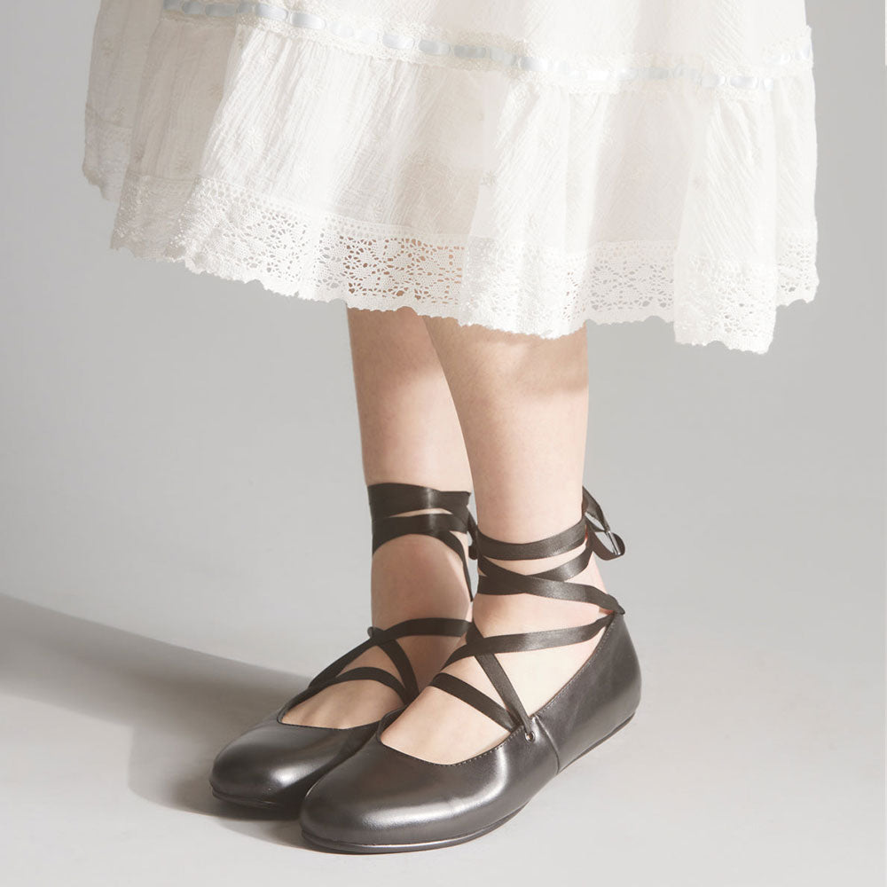 Classy Black Vegan Leather Round Toe Ballet Flats with Straps