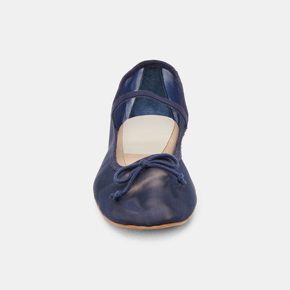 FSJ Navy Mesh Round Toe Bow Simple Ballet Flats with A Strap