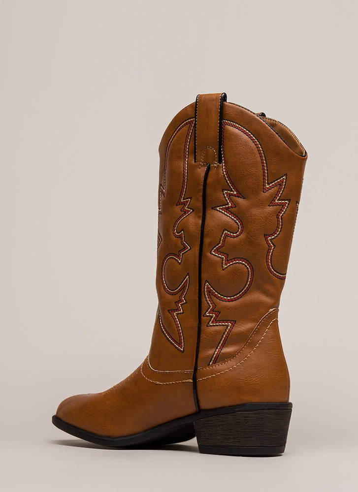 Brown Cowgirl Boots Studs Low Heel Mid Calf Boots