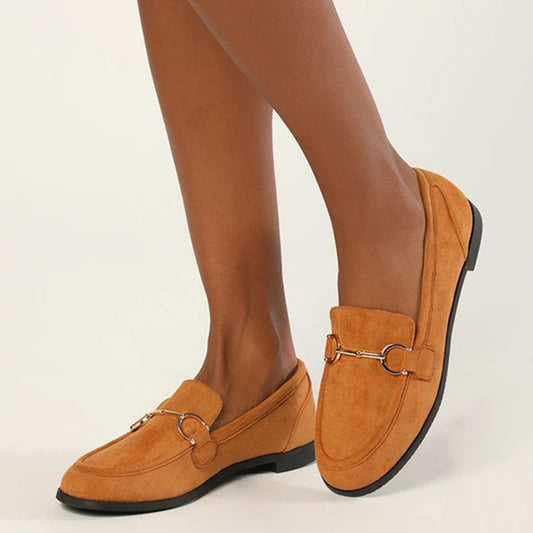 Mustard Vegan Suede Round Toe Horsebit Flats Women's Loafers