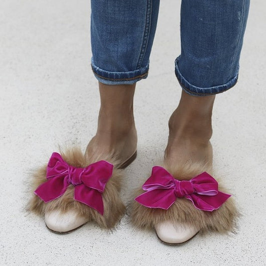 White & Brown Furry Faux Fur Flat Mules with Velvet Bow Decor
