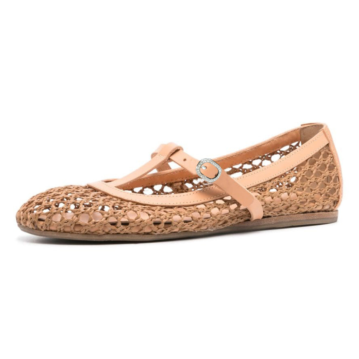 Nude Raffia Woven Cut-Out T-Strap Ballet Flats with Rhinestone Buckle