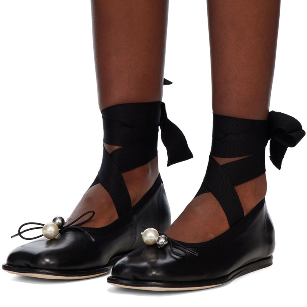 Black Square Toe Pearl Bow Decor Lace Up Ankle Strap Ballet Flats