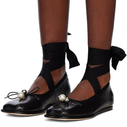 Black Square Toe Pearl Bow Decor Lace Up Ankle Strap Ballet Flats
