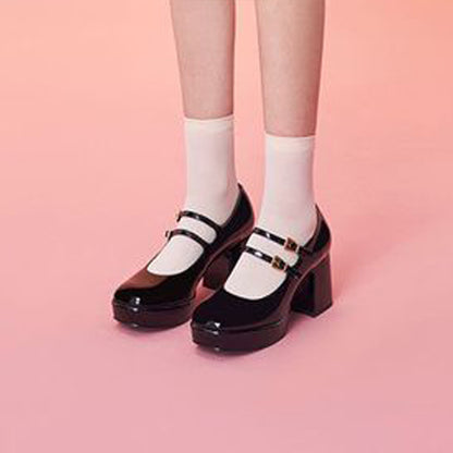 Black Patent Leather Closed Toe 3'' Chunky Heel Platform Loafers