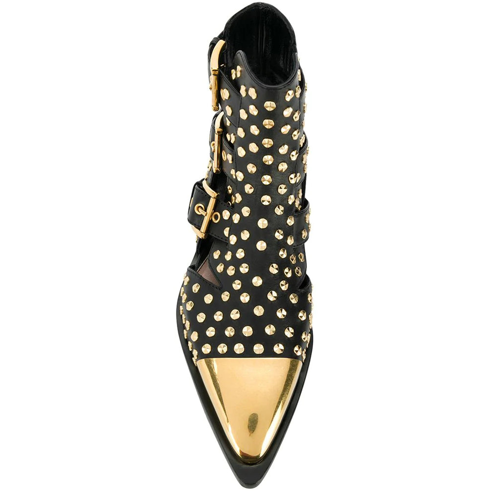 Black Cut Out Buckle Strap Gold Pointed Toe Ankle Boots with Studs