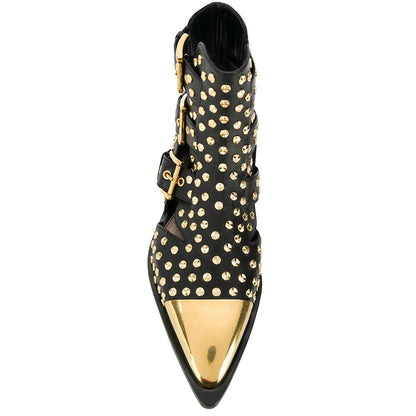 Black Cut Out Buckle Strap Gold Pointed Toe Ankle Boots with Studs