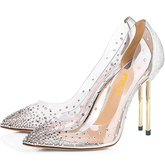 Women's Trendy PVC Splicing Pointed Toe Rhinestone Pumps Heels