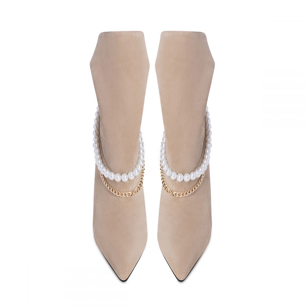 Beige Vegan Suede Pointed Toe Chain Slouchy Ankle Boots with Pearl
