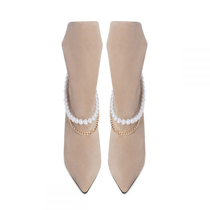 Beige Vegan Suede Pointed Toe Chain Slouchy Ankle Boots with Pearl