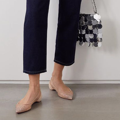 FSJ Women's Nude Pointed Toe Rhinestone Mesh Bride Flats