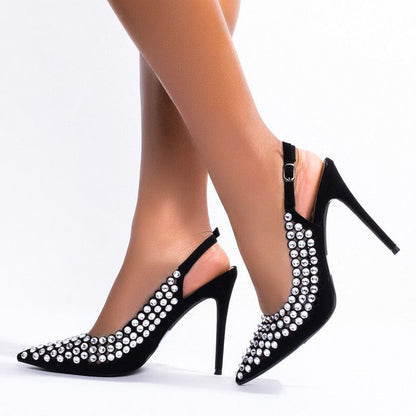 Women's Rhinestone Pointed Toe Stiletto Heel Slingback Pumps in Black