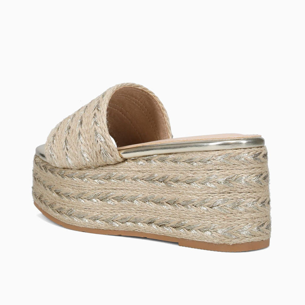 Beige & Gold Metallic Square Toe Platform Wedge Heel Mules Sandals