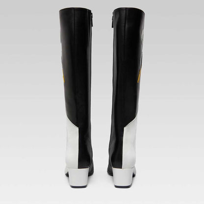 Black & White Square Toe Swan Patchwork Heeled Knee High Boots