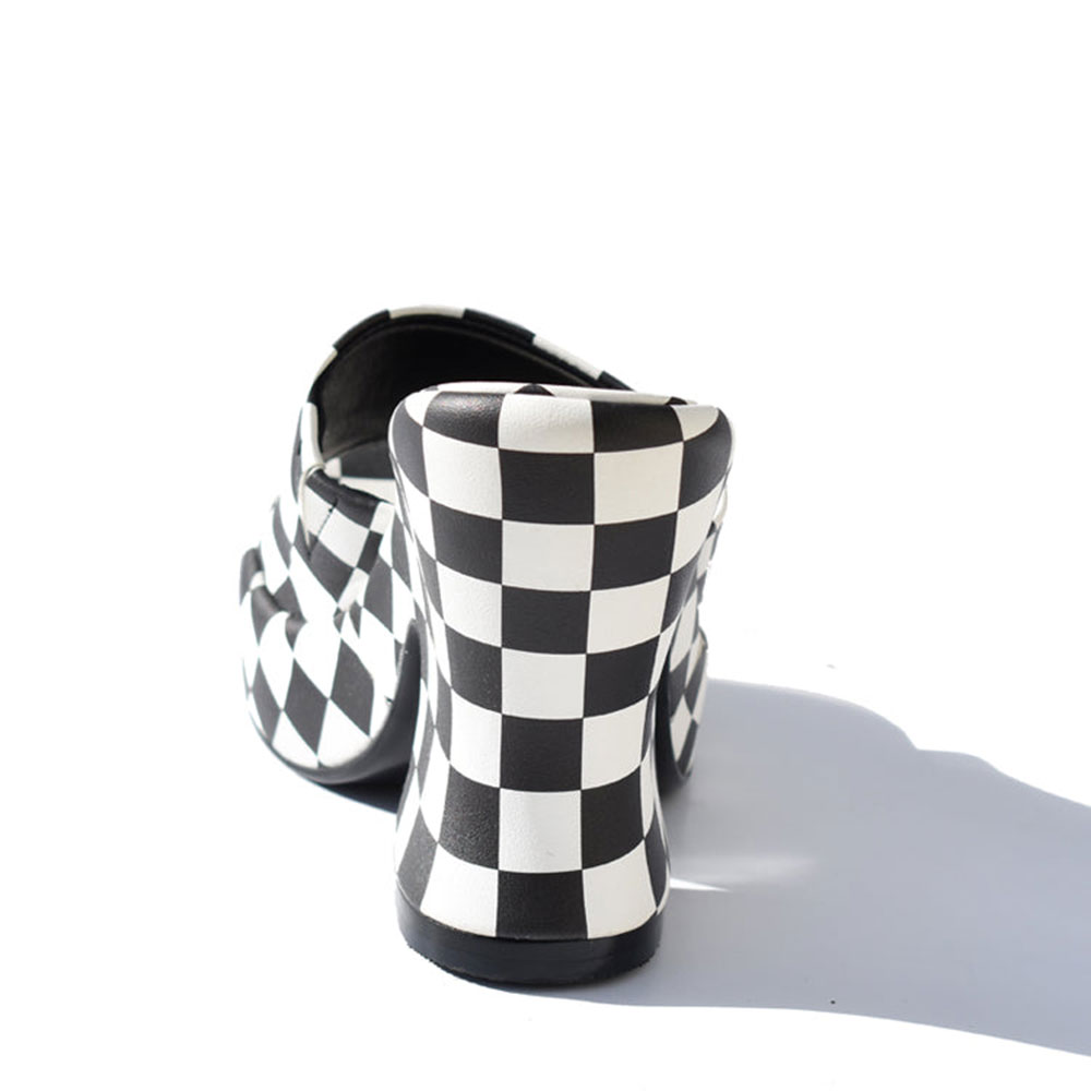 Black & White Plaid Open Toe Heeled Mules Sandals with Platform