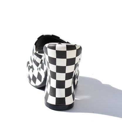 Black & White Plaid Open Toe Heeled Mules Sandals with Platform