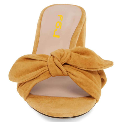 Yellow Vegan Suede Block Heel Knotted Mules for Women
