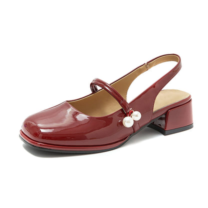 Maroon Patent Leather Square Toe Chunky Heel Slingback Loafers