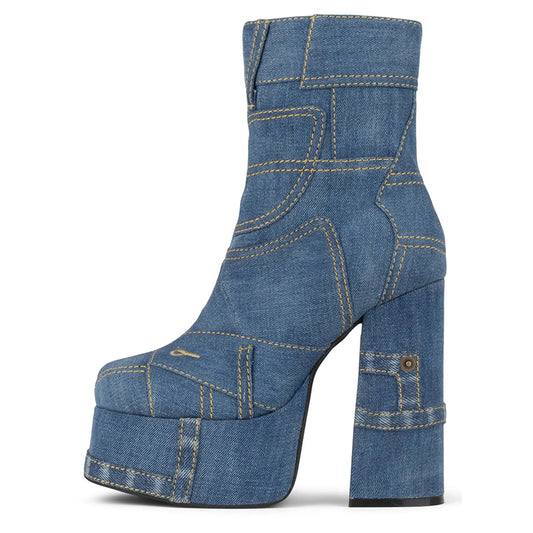 Blue Denim Patchwork Round Toe Chunky Heel Platform Ankle Boots