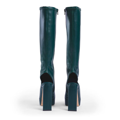Dark Green Square Toe Backless Chunky Heel Platform Knee High Boots