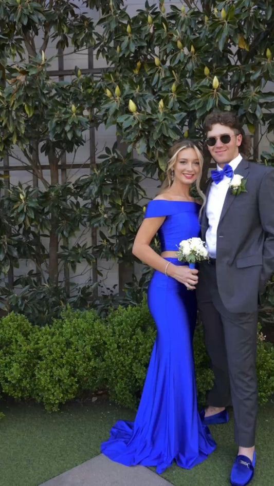 Two Pieces Bodycon Blue Prom Dresses