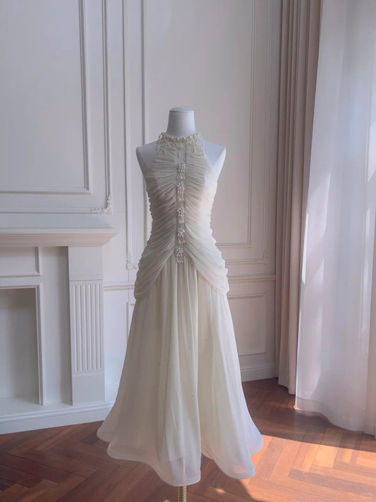 Elegant Ivory A-line Halter Nack Pearl Pleated Chiffon Prom Dress Evening Dress P4044