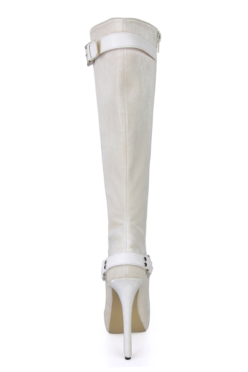 Women's White Buckle Platform Knee High Boots with Stiletto Heel