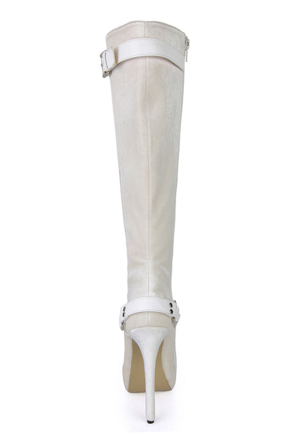 Women's White Buckle Platform Knee High Boots with Stiletto Heel