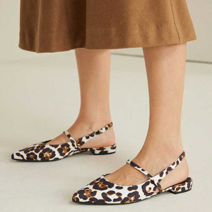 White & Brown Vegan Suede Leopard Print Pointy Toe Slingback Flats