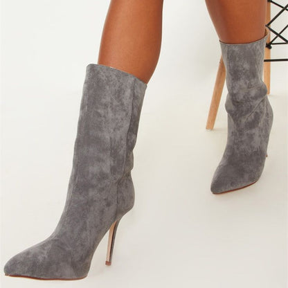 Grey Vegan Suede Pointy Toe Stiletto Heel Mid Calf Boots