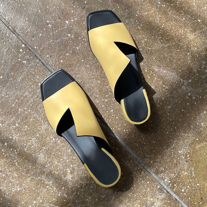 Yellow Open Square Toe Chunky Heel Mules Shoes with Asymmetric Vamp