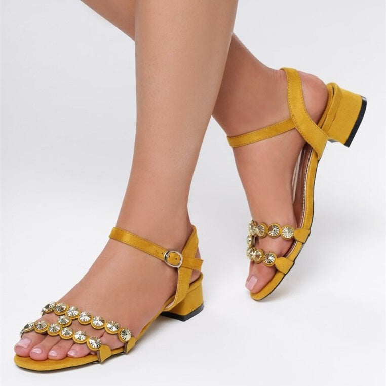 Yellow Vegan Suede Studded Block Heel Sandals